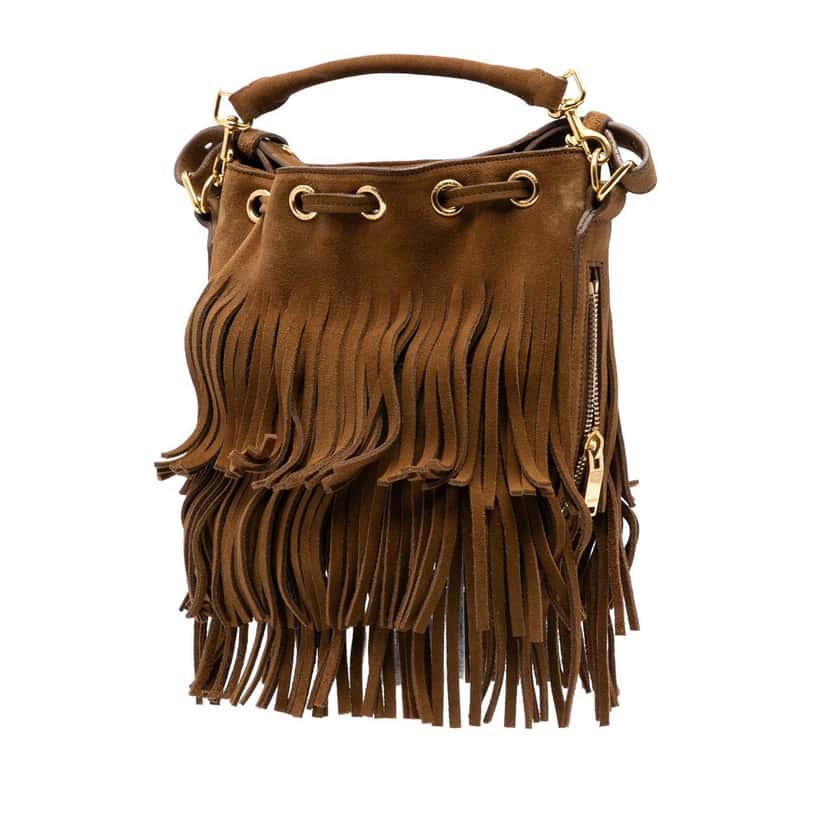 Saint Laurent Small Suede Emmanuelle Fringe Bucket Bag Brown Leather Very good condition - Back View