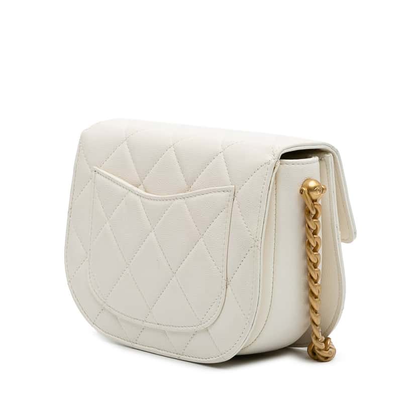 Chanel CC Quilted Lambskin Round Moon Messenger Flap White Leather Very good condition - Back View