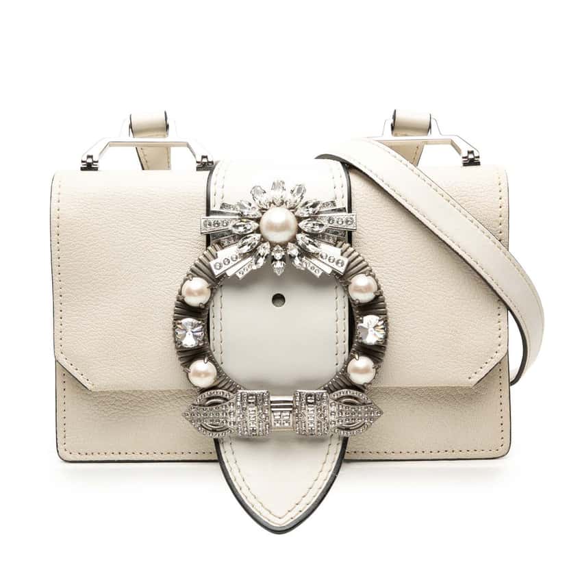 Miu Miu Goatskin Madras Soft Calf Crystal Embellished Crossbody White Leather Very good condition - Front View