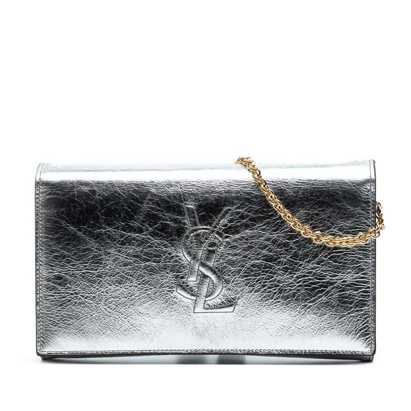Saint Laurent Crinkled Metallic Calfskin Belle de Jour Chain Clutch Silver Leather Very good condition - Front View