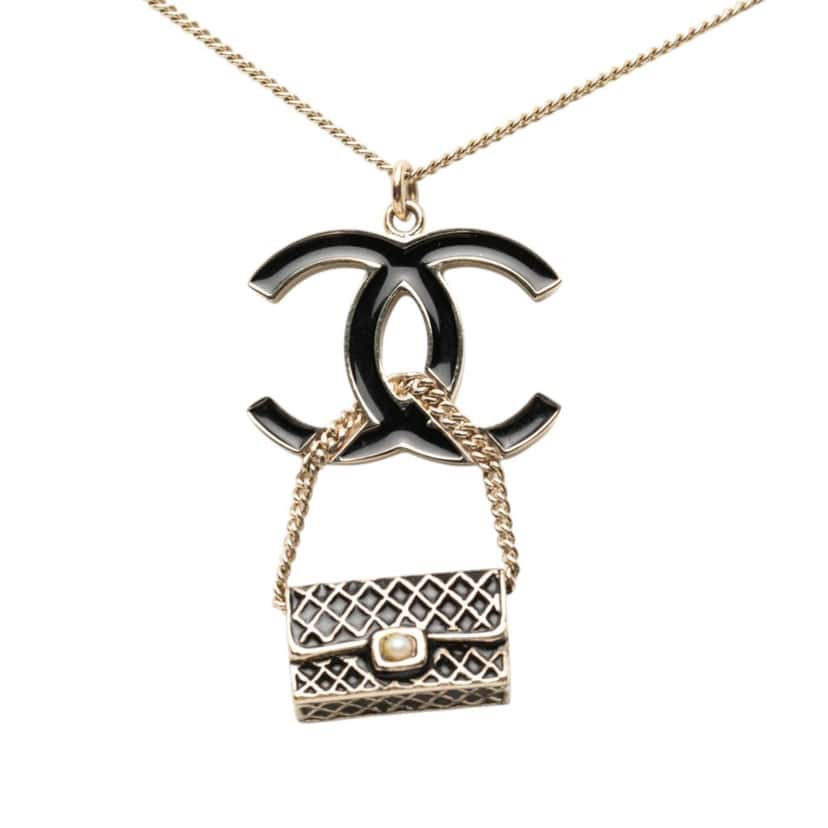 Chanel Gold Plated and Enamel CC and Flap Bag Pendant Necklace Gold Metal Very good condition - Front View