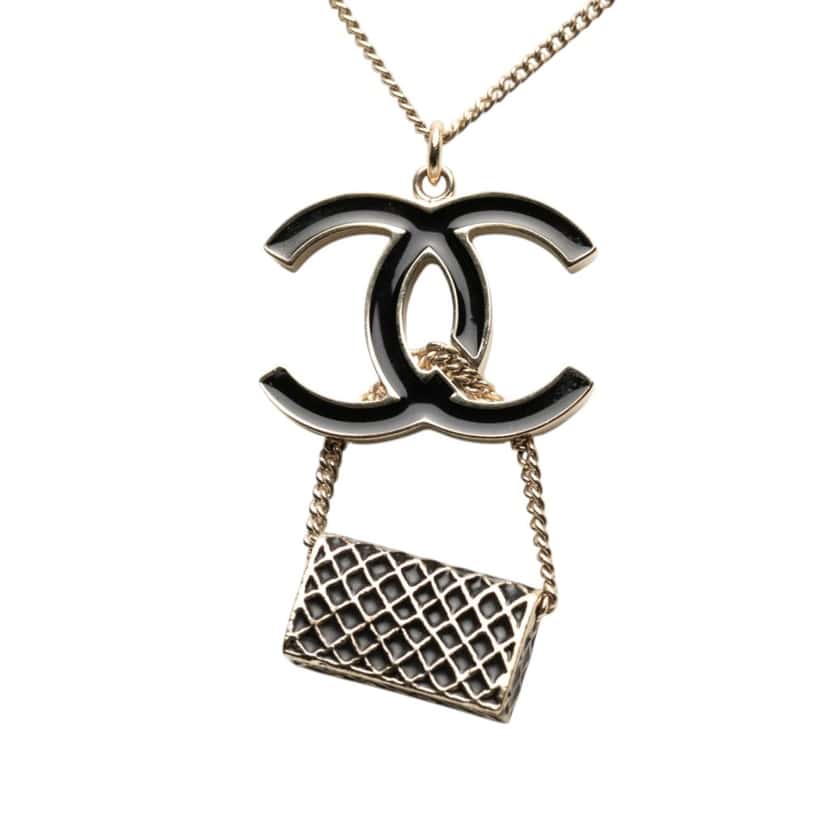 Chanel Gold Plated and Enamel CC and Flap Bag Pendant Necklace Gold Metal Very good condition - Back View