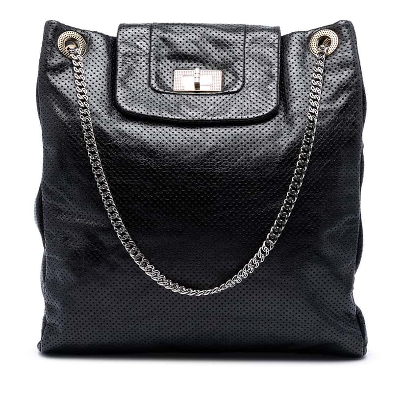 Chanel Perforated Crackled Metallic Calfskin Drill Tote Black Leather Very good condition - Front View