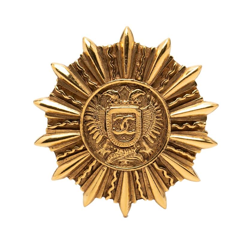 Chanel Gold Plated Sunburst Shield Brooch Gold Metal Very good condition - Front View