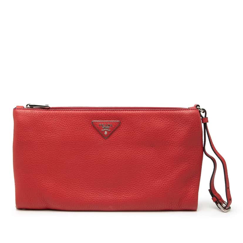 Prada Vitello Daino Clutch Red Leather Very good condition - Front View