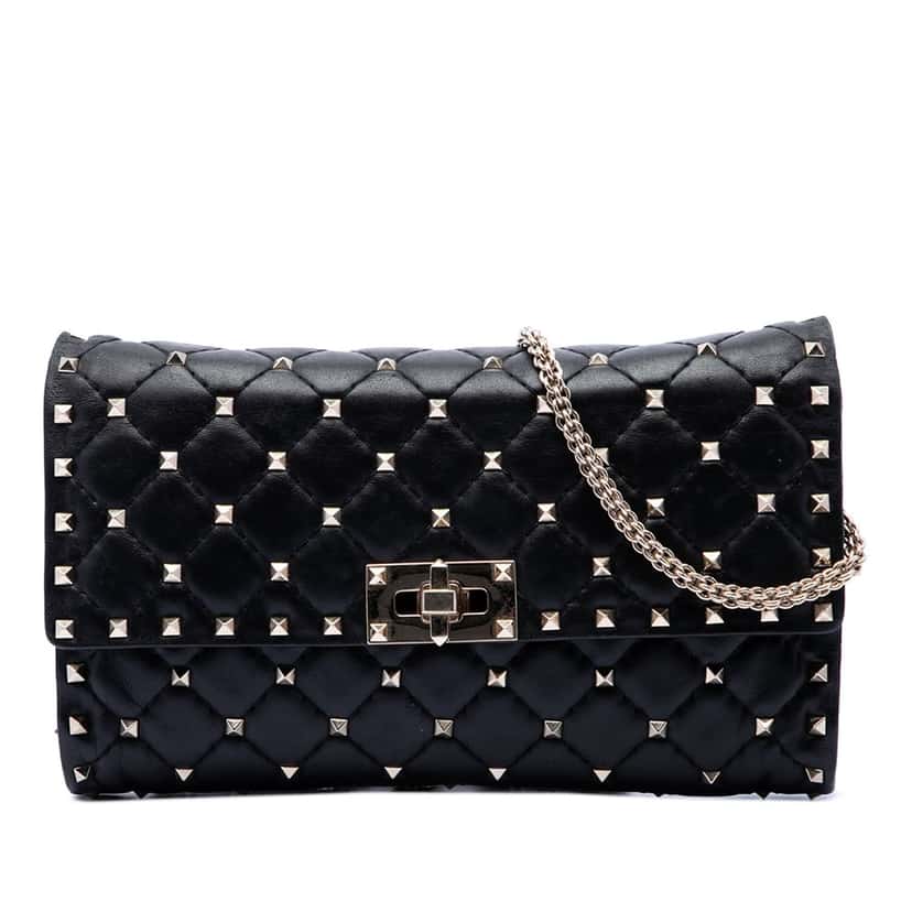 Valentino Nappa Rockstud Spike Wallet On Chain Black Leather Very good condition - Front View