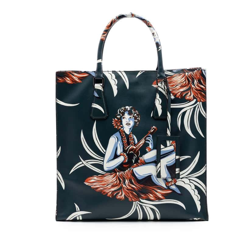 Prada Saffiano Hawaiian Print Tote Green Leather Very good condition - Front View