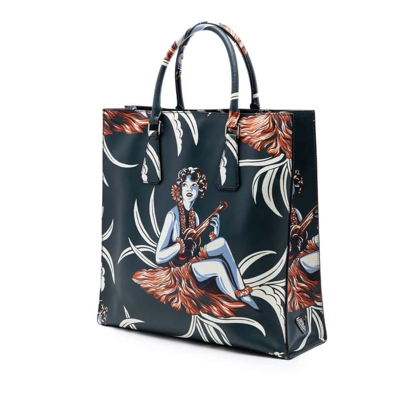 Prada Saffiano Hawaiian Print Tote Green Leather Very good condition - Back View