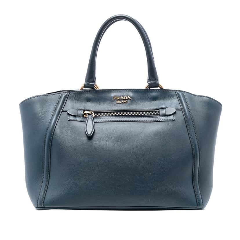 Prada Large Visone City Calf Double Handle Shopping Tote Blue Leather Very good condition - Front View
