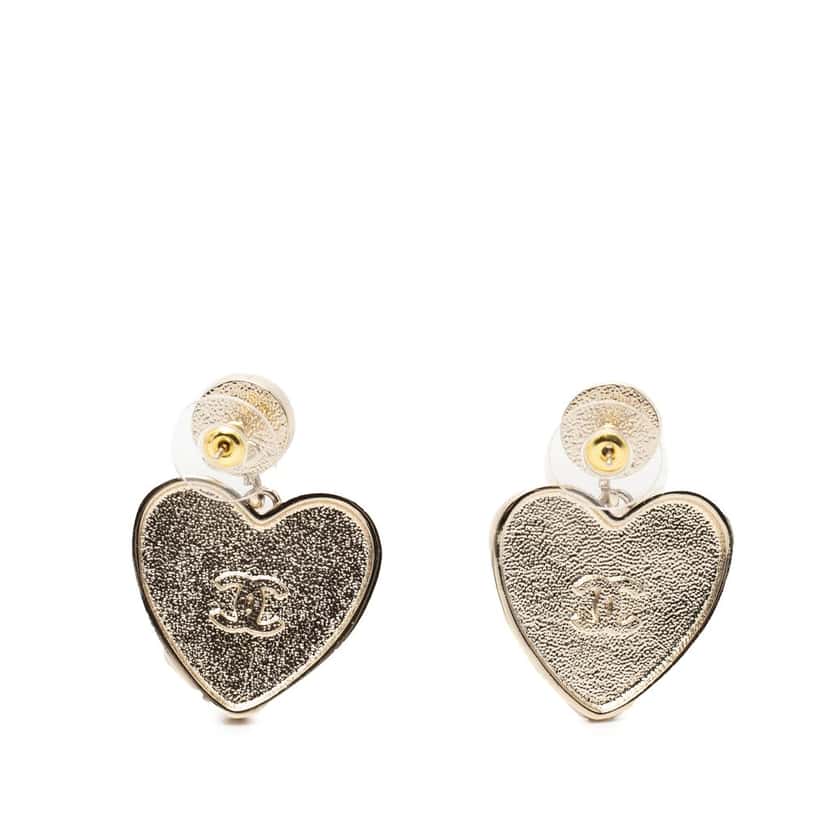 Chanel CC Gold Plated Faux Pearl Strass and Resin Heart Drop Push Back Earrings Gold Plastic Very good condition - Back View