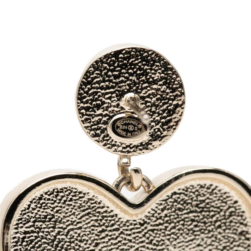 Chanel CC Gold Plated Faux Pearl Strass and Resin Heart Drop Push Back Earrings Gold Plastic Very good condition - Inside View