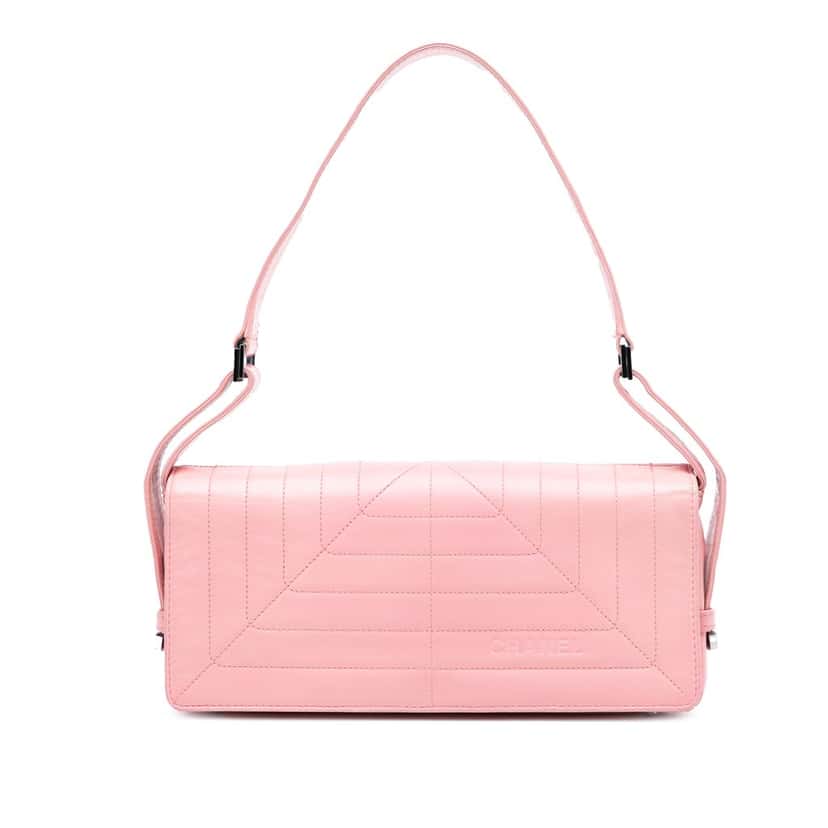 Chanel Stitched Lambskin Logo Flap Pink Leather Very good condition - Front View