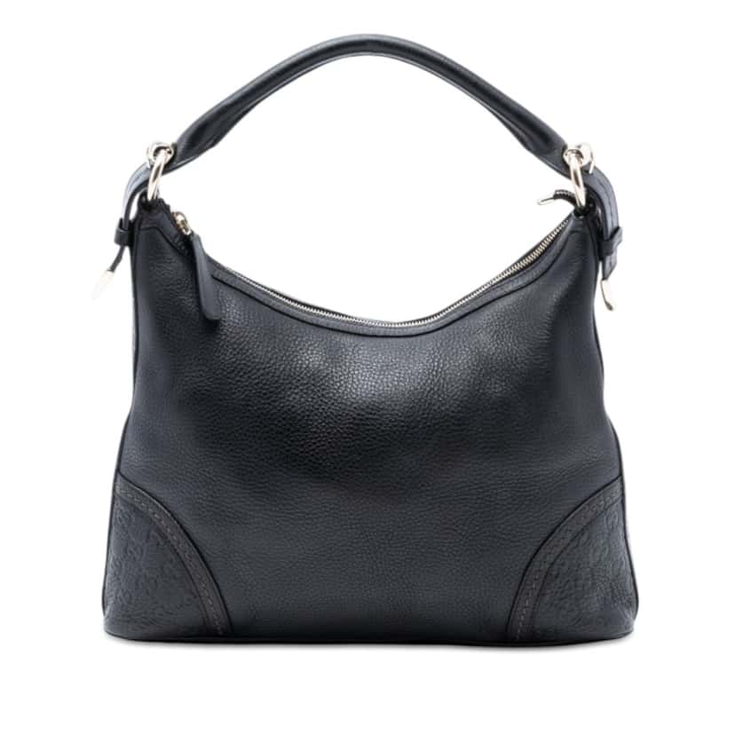 Gucci Medium Pebbled Calfskin Guccissima Trim Signoria Shoulder Bag Black Leather Very good condition - Front View