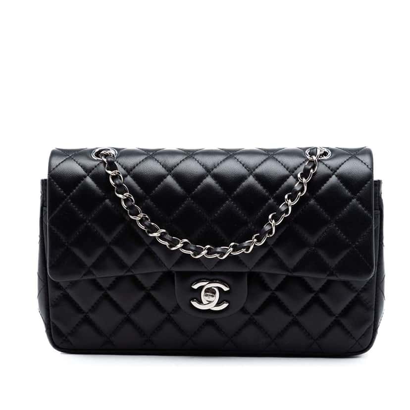 Chanel Medium Classic Lambskin Double Flap Black Leather Very good condition - Front View