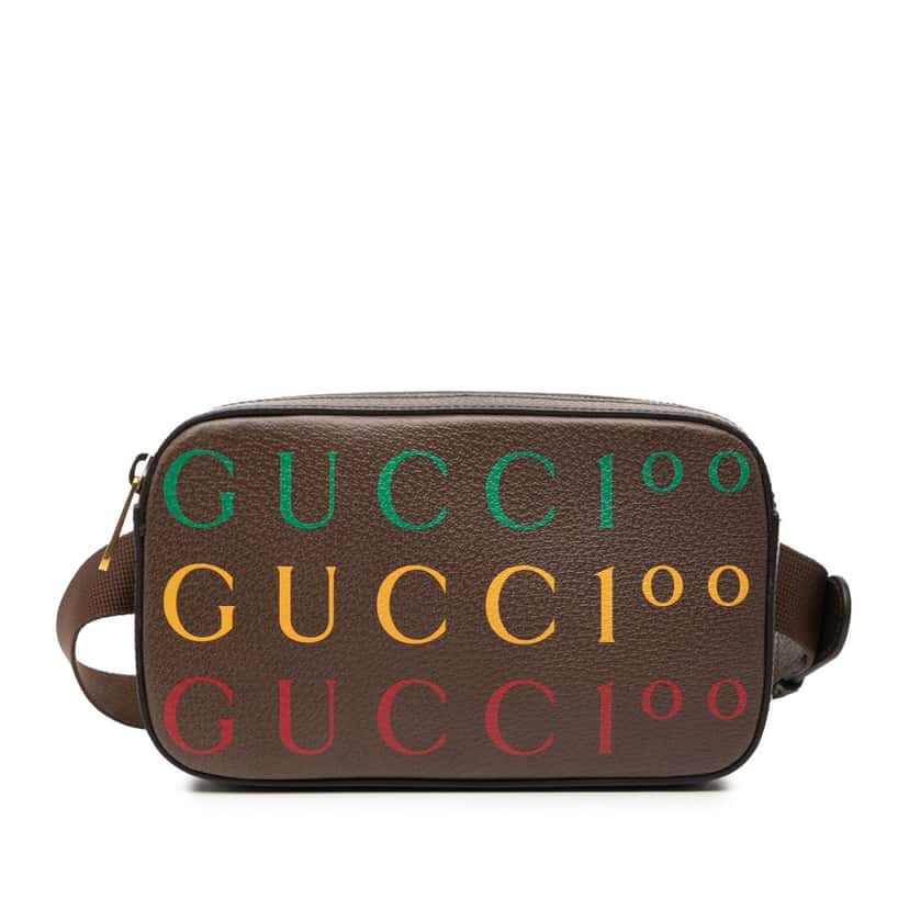 Gucci 100th Anniversary Textured Dollar Calfskin Logo Belt Bag Brown Leather Very good condition - Front View