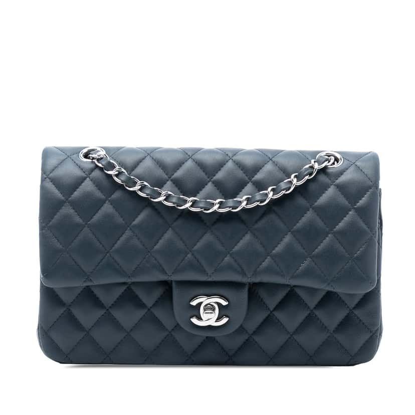 Chanel Medium Classic Lambskin Double Flap Blue Leather Very good condition - Front View