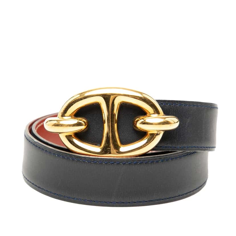 Hermès Box Calf Chaine d Ancre Reversible Belt 65 Blue Leather Very good condition - Front View