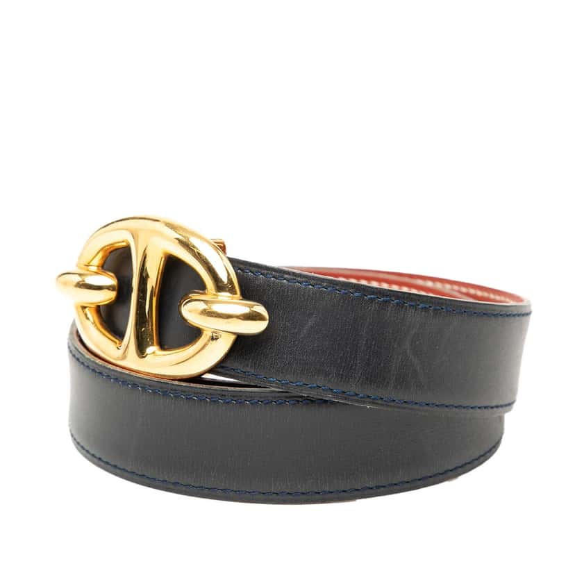 Hermès Box Calf Chaine d Ancre Reversible Belt 65 Blue Leather Very good condition - Back View