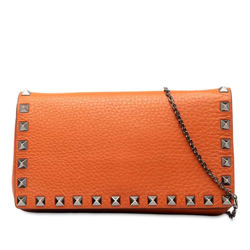 Valentino Pebbled Calfskin Rockstud Clutch on Chain Orange Leather Very good condition - Front View