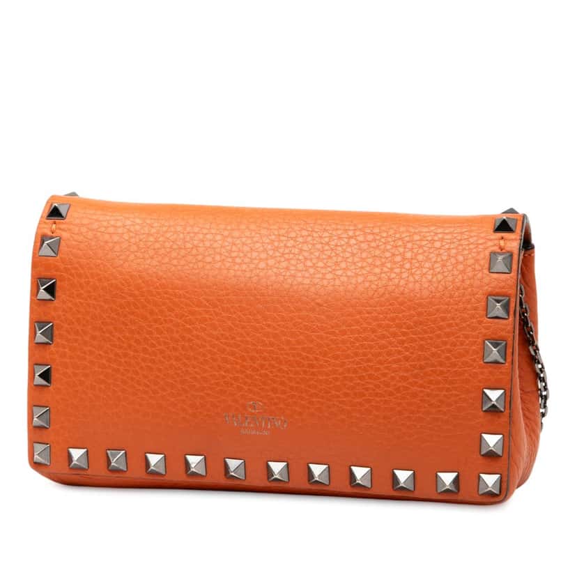Valentino Pebbled Calfskin Rockstud Clutch on Chain Orange Leather Very good condition - Back View