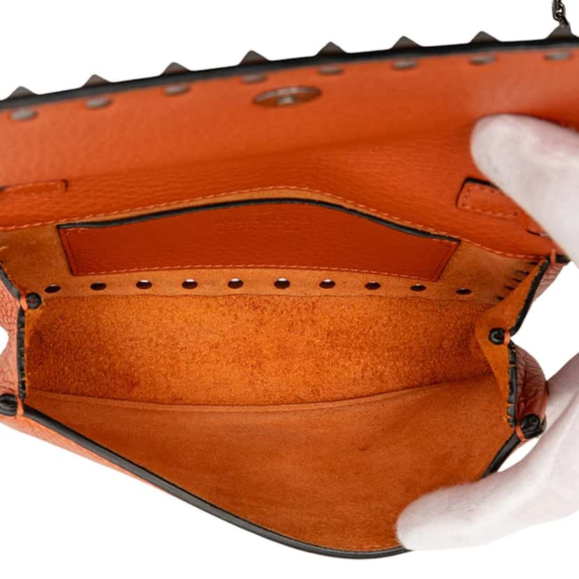 Valentino Pebbled Calfskin Rockstud Clutch on Chain Orange Leather Very good condition - Model View
