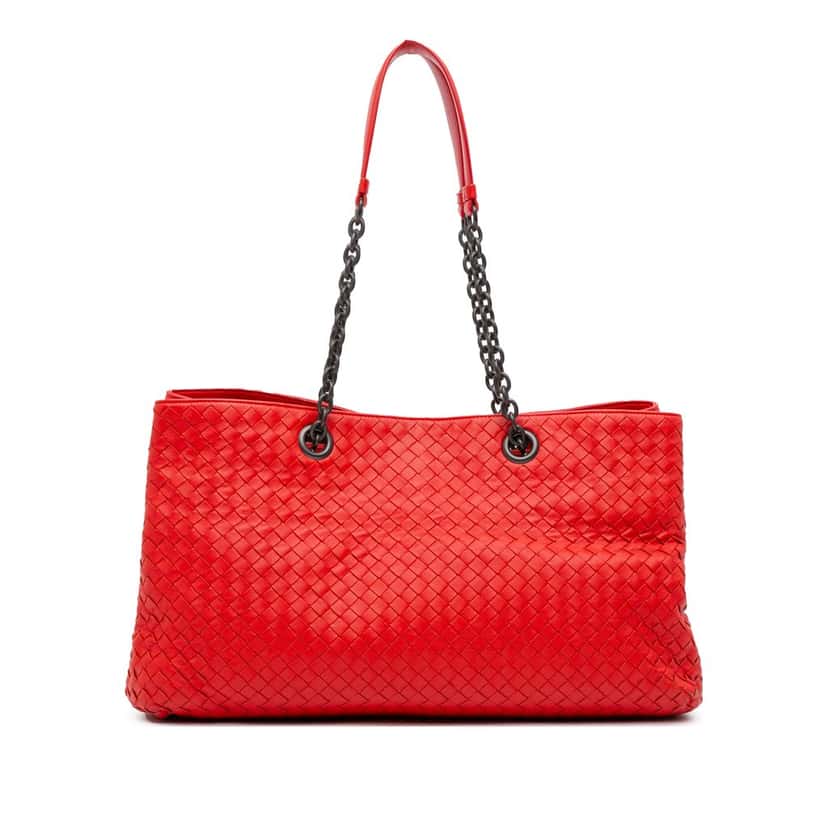 Bottega Veneta Medium Nappa Intrecciato Double Chain Tote Red Leather Very good condition - Front View