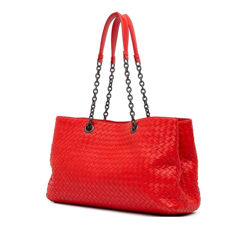 Bottega Veneta Medium Nappa Intrecciato Double Chain Tote Red Leather Very good condition - Back View