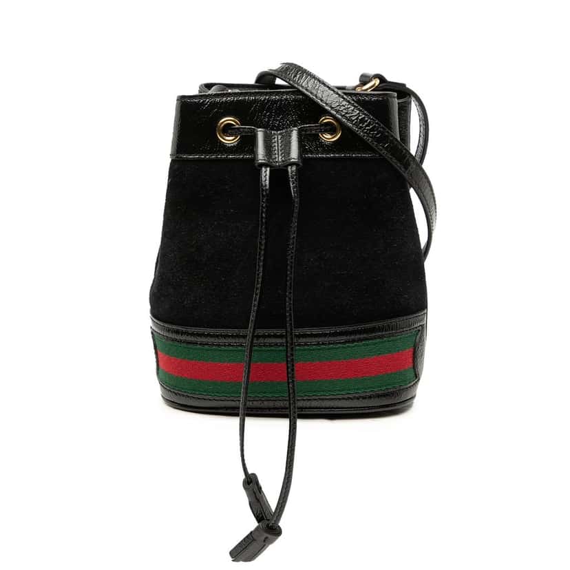 Gucci Mini Suede and Patent Web Ophidia Bucket Bag Black Leather Very good condition - Front View