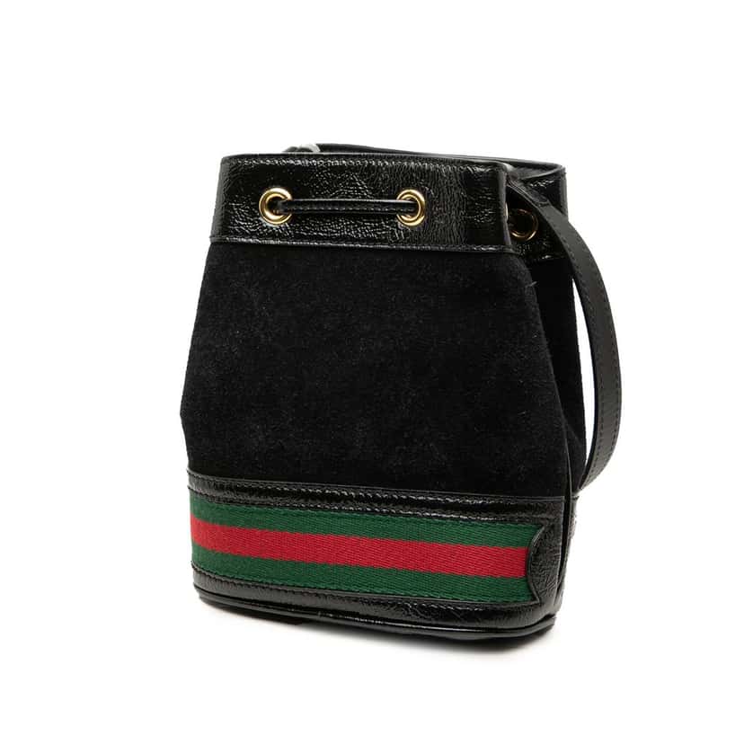 Gucci Mini Suede and Patent Web Ophidia Bucket Bag Black Leather Very good condition - Back View