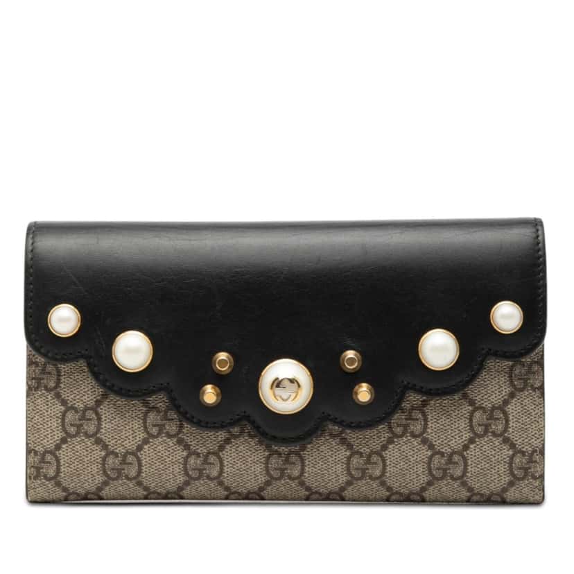 Gucci GG Supreme Pearl Studded Peony Long Wallet Beige Very good condition - Front View