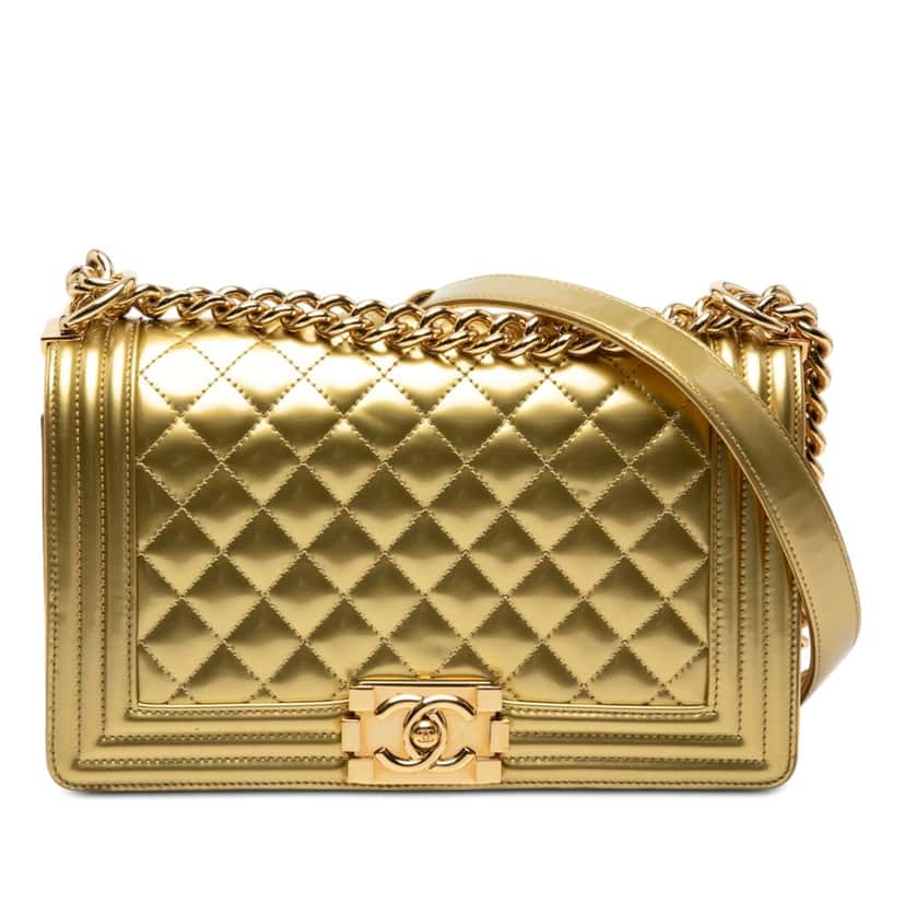 Chanel Old Medium Quilted Metallic Patent Boy Flap Gold Leather Very good condition - Front View