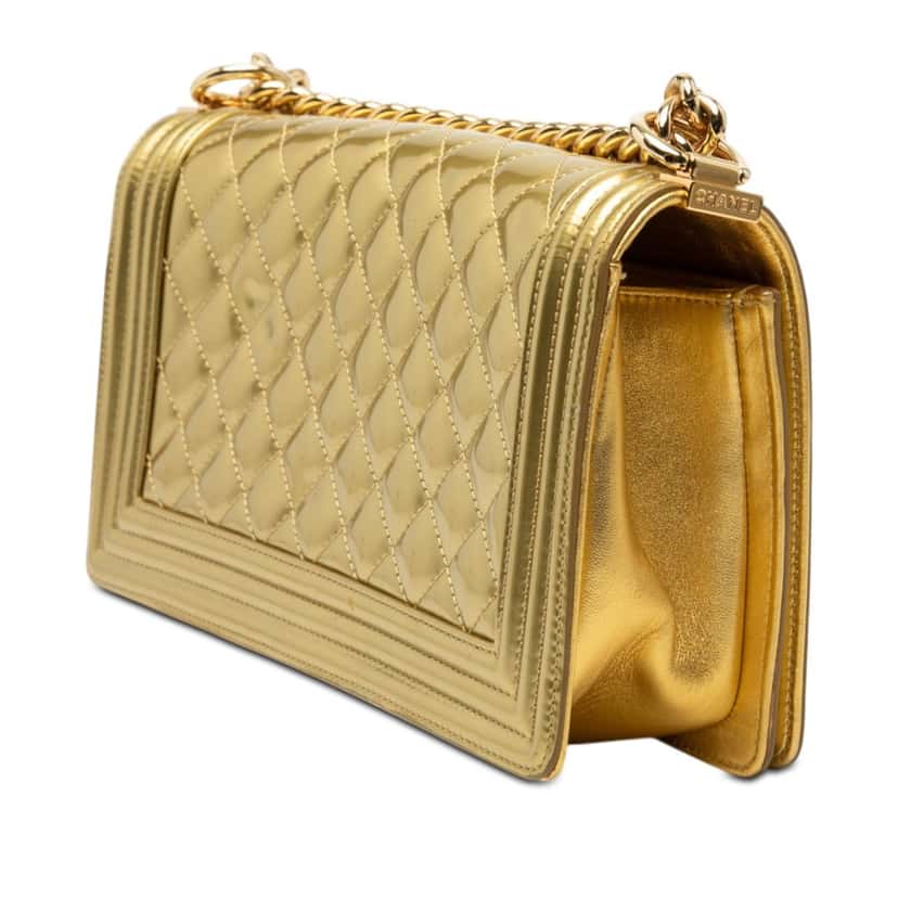 Chanel Old Medium Quilted Metallic Patent Boy Flap Gold Leather Very good condition - Back View