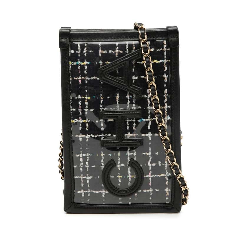 Chanel Tweed and PVC Phone Clutch with Chain Black Very good condition - Front View