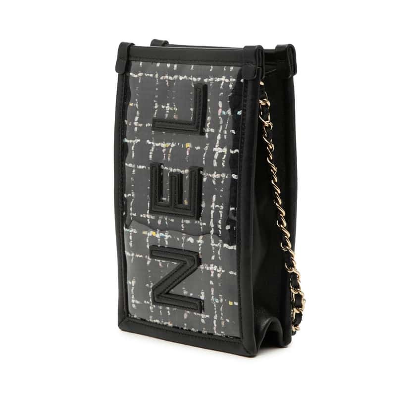 Chanel Tweed and PVC Phone Clutch with Chain Black Very good condition - Back View