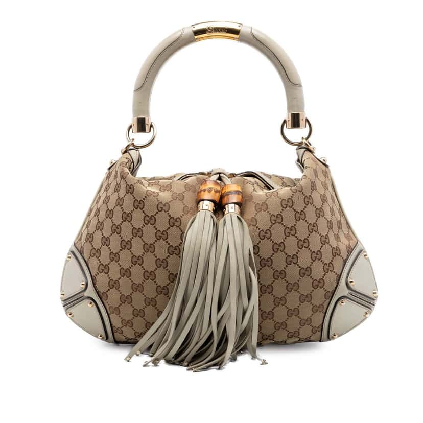 Gucci Medium GG Canvas Bamboo Indy Hobo Beige Very good condition - Front View