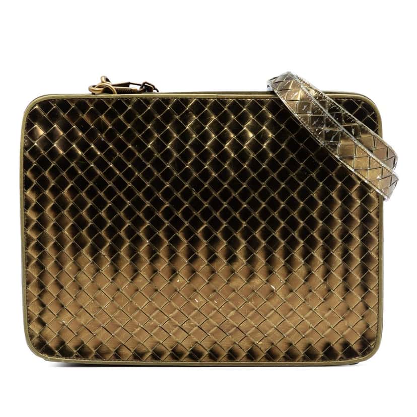 Bottega Veneta Metallic Nappa Intrecciato Shoulder Bag Gold Leather Good condition - Front View