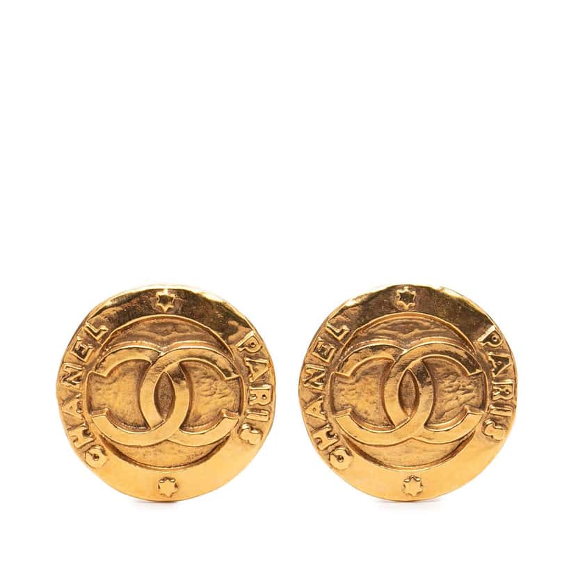 Chanel CC Gold Plated Round Clip On Earrings Gold Metal Very good condition - Front View