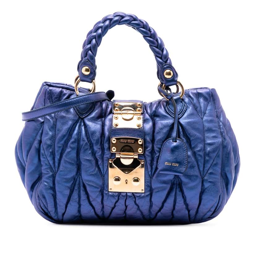 Miu Miu Matelasse Lux Lambskin Bauletto Aperto Satchel Blue Leather Very good condition - Front View