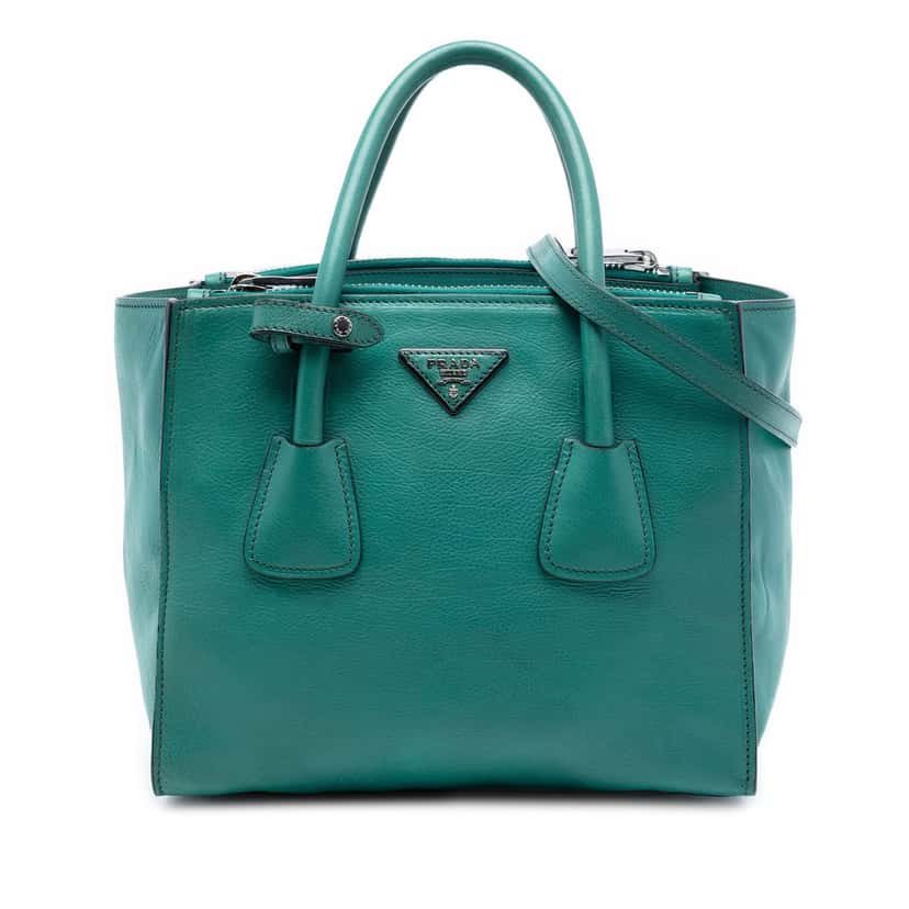 Prada Glace Calf Twin Pocket Double Handle Satchel Green Leather Very good condition - Front View