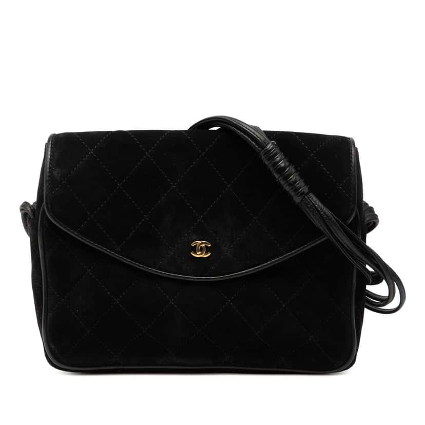 Chanel CC Quilted Suede Shoulder Bag Black Leather Good condition - Front View
