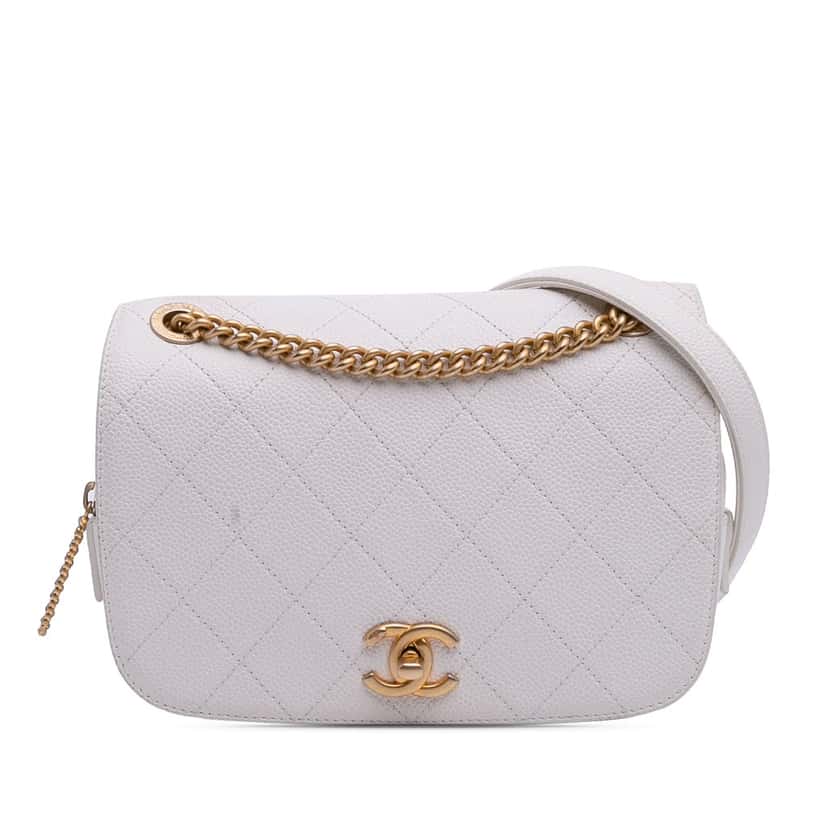Chanel CC Quilted Caviar Turnlock Full Flap White Leather Very good condition - Front View