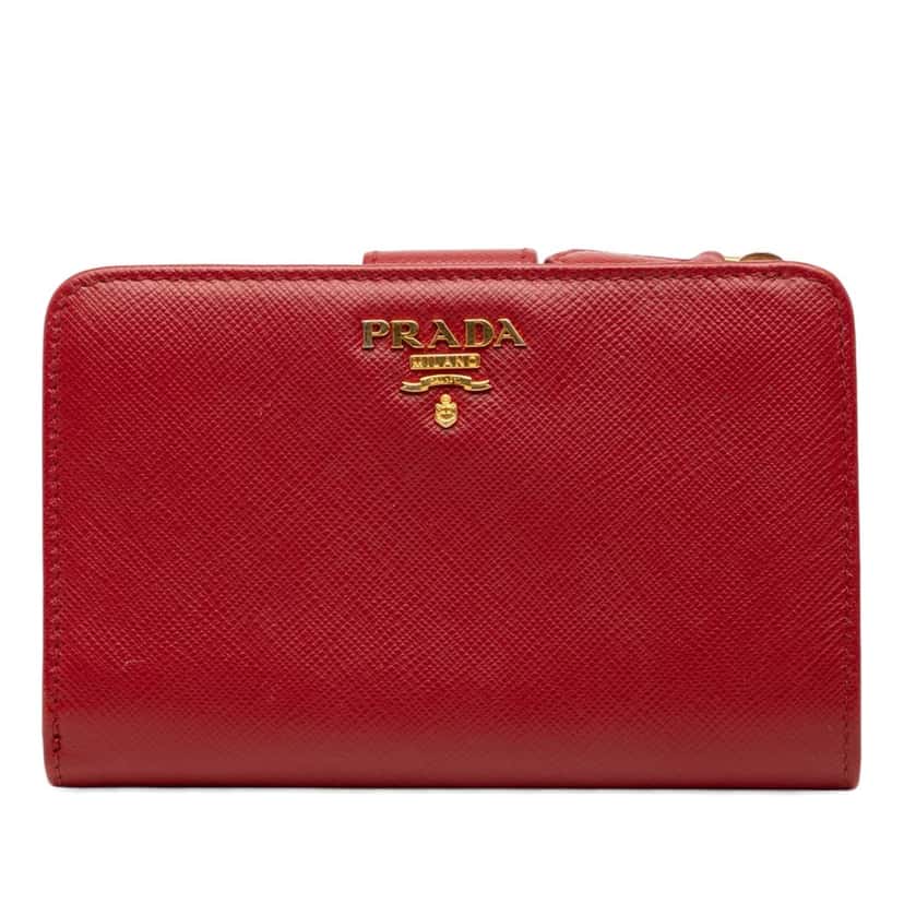 Prada Saffiano Bifold Compact Wallet Red Leather Very good condition - Front View