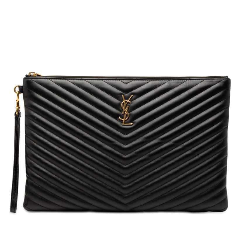 Saint Laurent Quilted Chevron Leather Monogram Document Holder Black Leather Very good condition - Front View