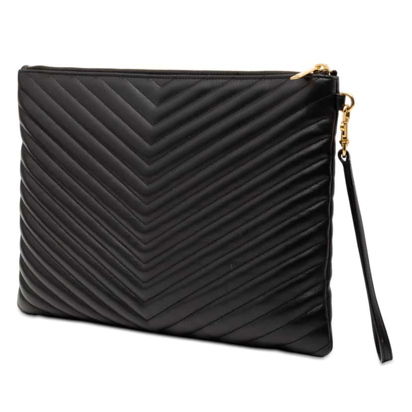Saint Laurent Quilted Chevron Leather Monogram Document Holder Black Leather Very good condition - Back View