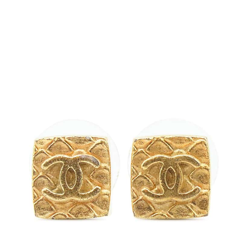 Chanel CC Gold Plated Square Push Back Earrings Gold Metal Very good condition - Front View