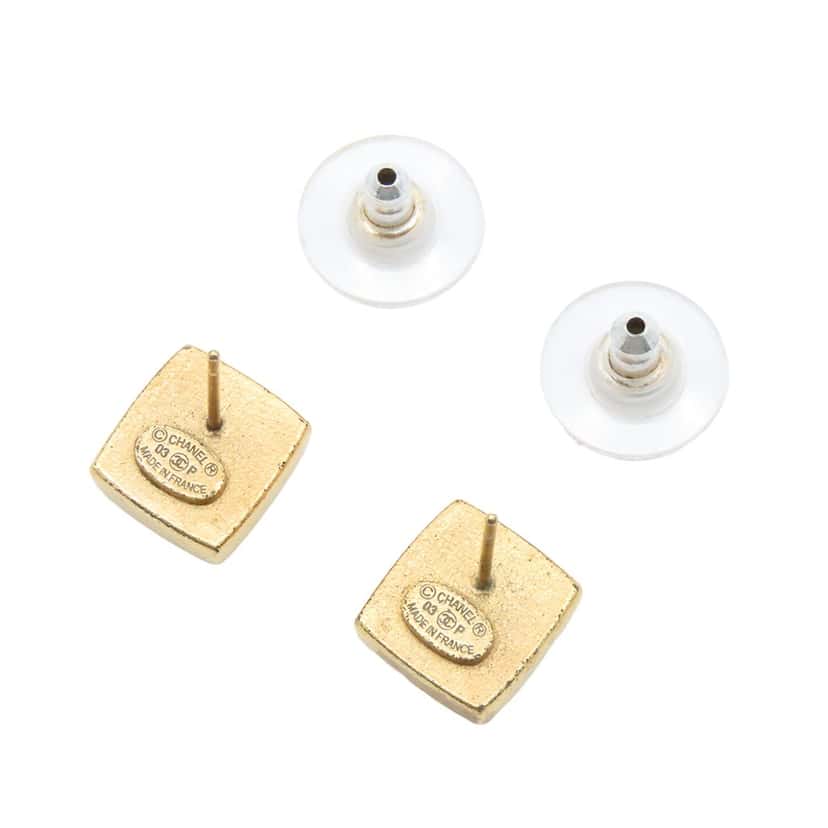 Chanel CC Gold Plated Square Push Back Earrings Gold Metal Very good condition - Inside View