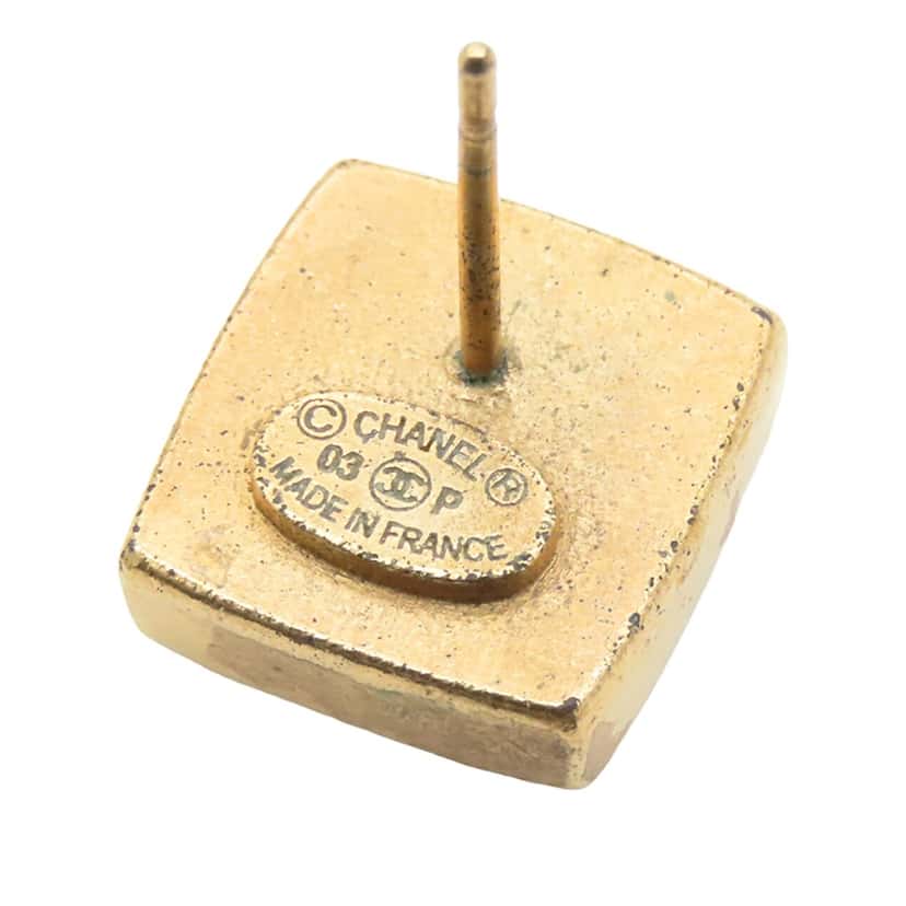Chanel CC Gold Plated Square Push Back Earrings Gold Metal Very good condition - Box View