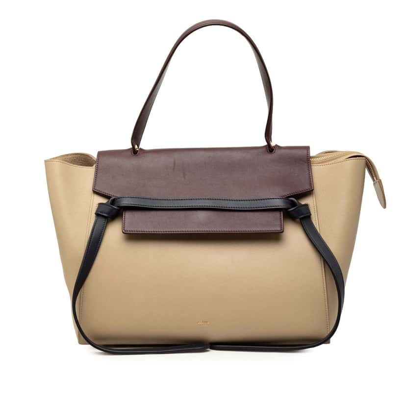 Celine Mini Tricolor Grained Calfskin Belt Satchel Beige Leather Very good condition - Front View
