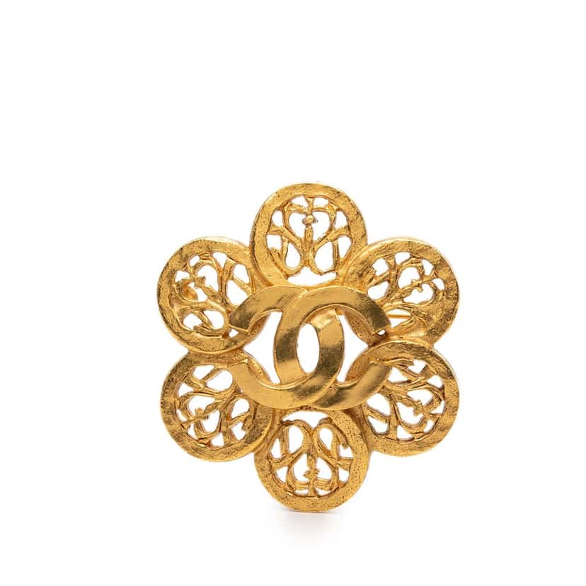 Chanel Gold Plated CC Flower Brooch Gold Metal Very good condition - Front View