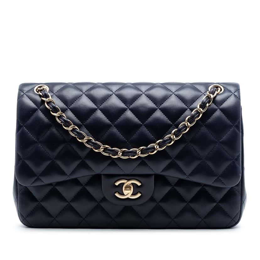 Chanel Jumbo Classic Lambskin Double Flap Blue Leather Very good condition - Front View